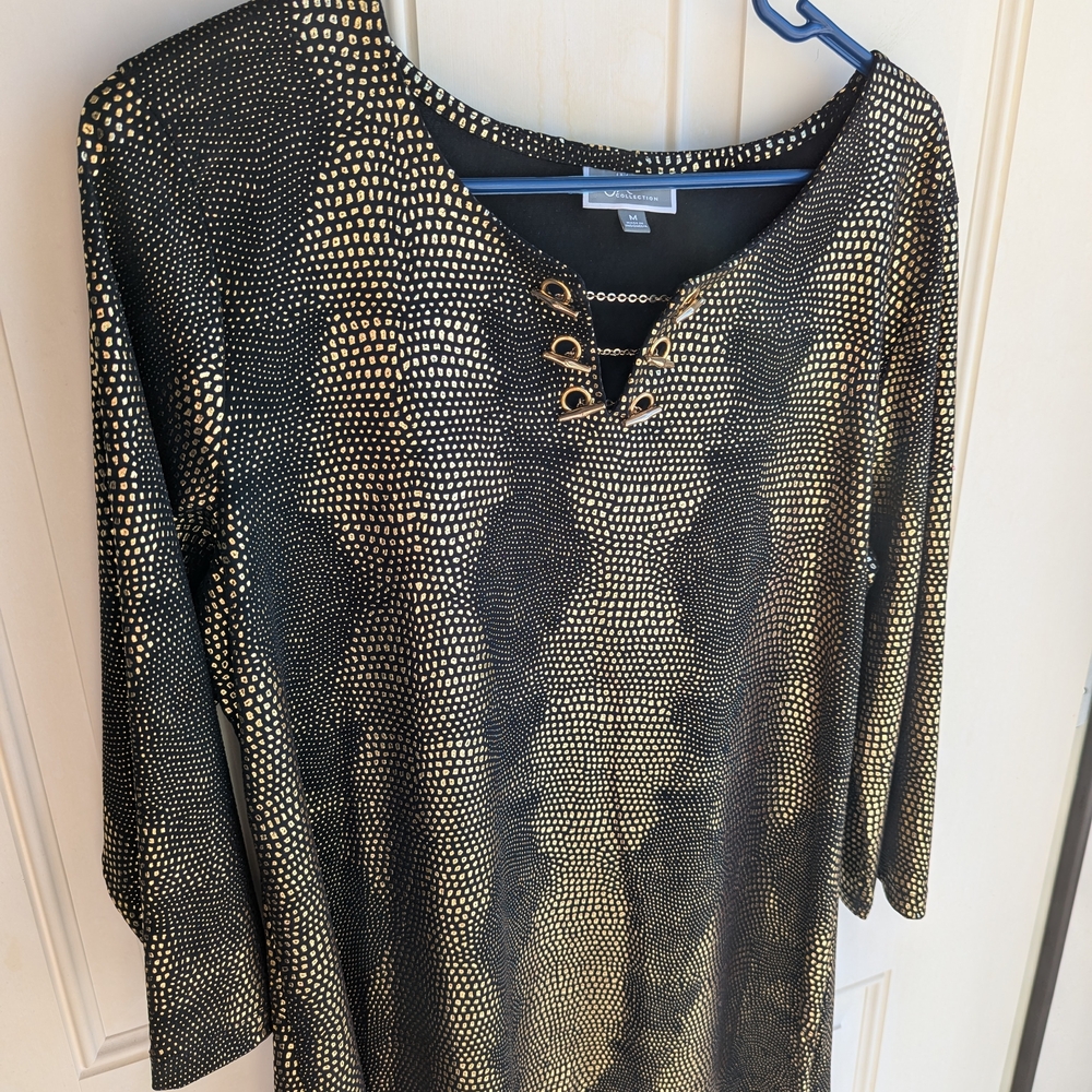 Black and Gold Patterned Top with Grommet Detail